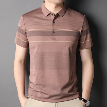 彩文羊短袖t恤男夏季翻領POLO衫半袖中年條紋冰絲男裝薄款棉體恤