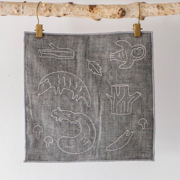 春眠動物刺繡棉紗手帕 深灰色