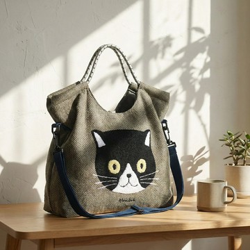 日系復古毛呢貓咪刺繡兩用包 卡其