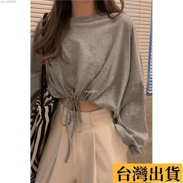 🎁特賣🎁 韓係大學t 寬鬆上衣 女裝 短款 長袖 寬鬆 T恤秋季女裝上衣寬鬆高腰短款長袖白色上衣女T恤學生潮ins露