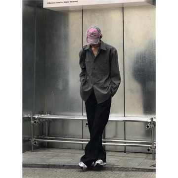 奇趣魚 秋季純色長袖襯衫男女中性寬松INS小眾高級感純御黑色襯衣