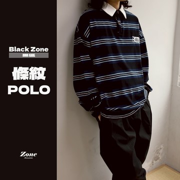 Zone |『現貨』藍條紋 POLO 男女皆可 寬鬆 中性 復古 日美系 長袖 長TEE
