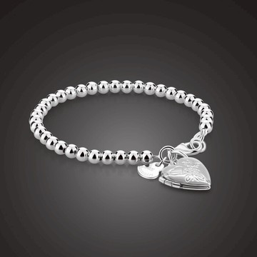 S925純銀DIY刻字相片心形圓珠手鏈 時尚彩金純銀手鏈 歐美銀首飾