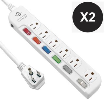 【威電】2入組CK-3662-9 3孔6開6插 加大間距 延長線 9尺/2.7M(平貼插頭 過載斷電 加大間距)