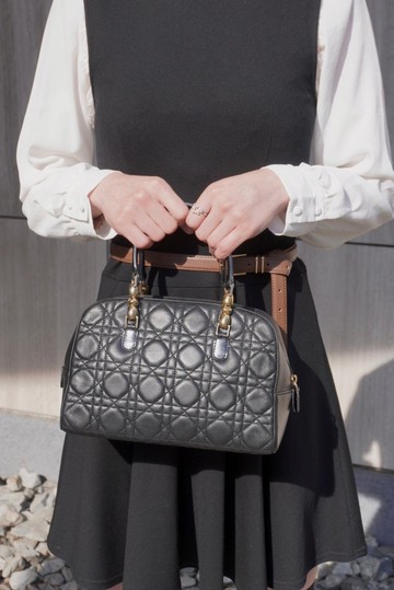 【日本直送 名牌中古包】Christian Dior Malice Pearl 手提包 黑色 Cannage 籐格紋皮革 迷你波士頓包 vintage ffmc6u