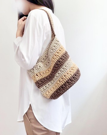 真皮三色鉤鉤水桶包 / 台灣手工鉤織 棉 皮件 肩背包編織包手提袋