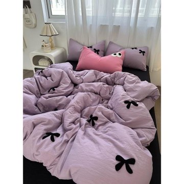 少女治愈系ins紫色蝴蝶結毛巾繡水洗棉四件套1.8m床單被套三件套