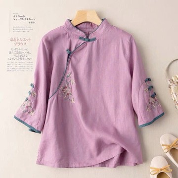 棉麻茶服 中袖刺繡斜襟盤扣民族風棉麻文藝復古襯衫女 夏季女裝 短袖t恤 中大尺碼女裝 短袖上衣 寬鬆上衣短袖