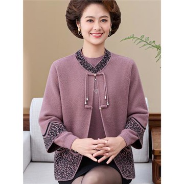 2025媽媽秋裝新款國風針織兩件套洋氣中老年女秋冬新中式開衫外套