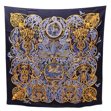 HERMES 愛馬仕 Carre 90 方巾 金色圖騰 印花 紫色 絲綢 【二手名牌BRAND OFF】
