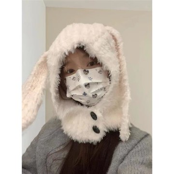 凹造型可愛兔耳朵帽子女秋冬護耳保暖巴拉克拉法帽毛絨針織套頭帽