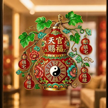 🧲臺灣出貨🧲天官賜福葫蘆加厚靜電貼,古風新款玻璃裝飾貼,防水防曬無痕可移