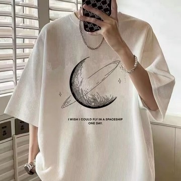 『癮品流行』印花T賉 寬鬆短袖 休閑T賉 落肩 百搭短袖 運動衣 内搭T賉 五分袖