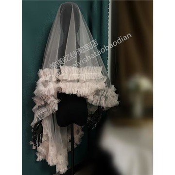 粉色頭紗抓桿皺皺頭紗個性攝影師拍婚紗照頭紗簡約新娘造型超仙