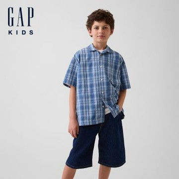 【GAP】兒童紋理格紋寬鬆度假襯衫-藍色格紋(900470)