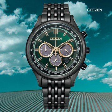 CITIZEN 星辰 Chronograph 光動能 碼錶計時 三眼不鏽鋼腕錶-黑綠41.7mm(CA4418-82X)