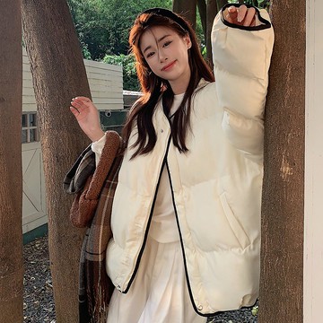 實拍實價 冬季時尚圓領羽絨服短版小個子休閒韓版撞色拼接面包服