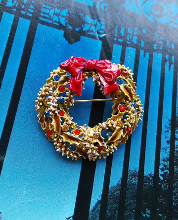Vintage Jewelry 西洋古董飾品 聖誕 ART 紅蝴蝶結 聖誕花圈 別針