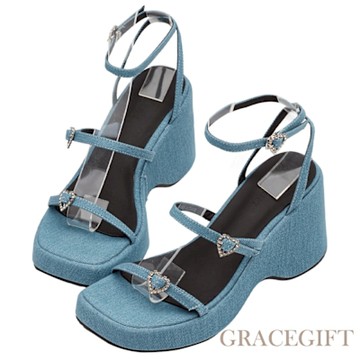 【Grace Gift】方頭愛心鑽細帶繫踝厚底涼鞋 牛仔