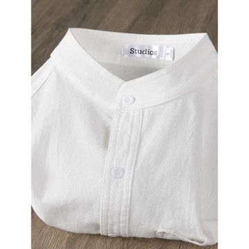 日系少年感！重磅亨利領短袖襯衫男女夏季肌理感痞帥襯衣寬松上衣