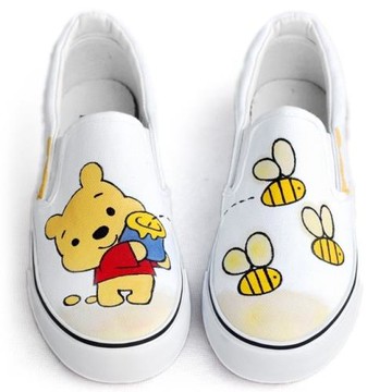 手繪帆布鞋女韓版一腳蹬懶人低幫涂鴉小熊維尼百搭休閑小白鞋