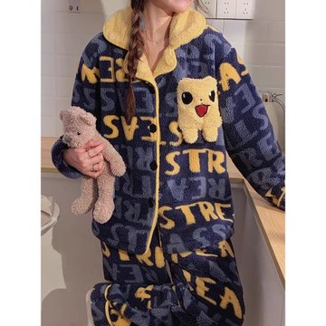 睡衣冬季女珊瑚絨2024年新款可愛網紅風加厚加絨冬天法蘭絨家居服