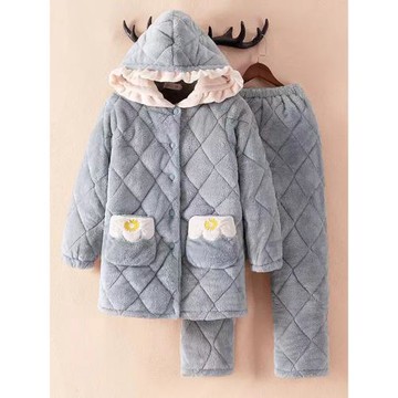 女中長款夾棉加厚保暖韓版睡衣