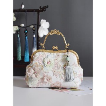 北檸國風蕾絲口金包媽媽旗袍包漢服包女古風繡花手提包珠紗斜挎包