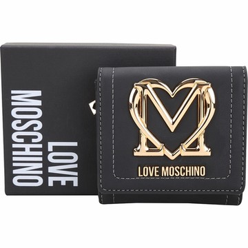 LOVE MOSCHINO 愛心字母拋光金縫線皮革三折短夾(黑色)