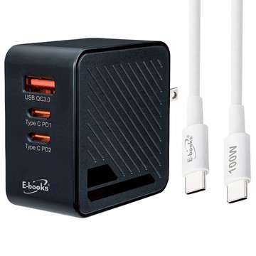 E-books B72 65W GaN 氮化鎵三孔充電器 + 100W C to C 快充傳輸線組  黑色 + 白色  1組