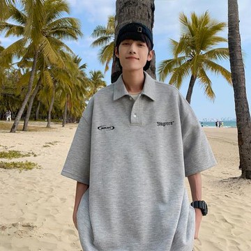 美式復古灰色polo衫男生短袖夏季潮牌潮流重磅青少年襯衫翻領T恤