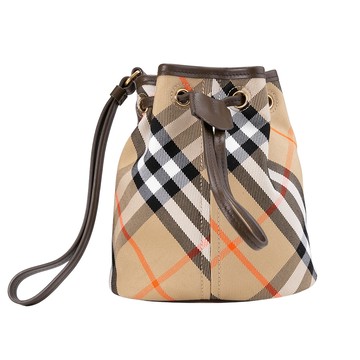 BURBERRY 經典格紋抽繩束口手拿包(米色/烏木色)