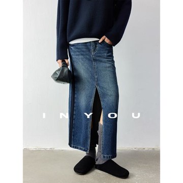 因由 四季可穿經典B敗 水洗撞色前開叉顯瘦直身H版佰搭牛仔半身裙