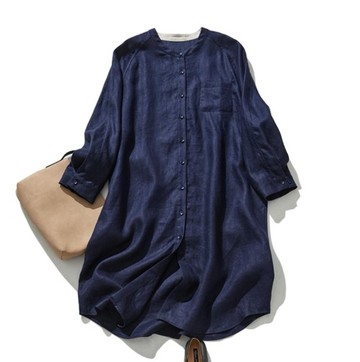 大人感亞麻連身裙 寬鬆剪裁 垂墜感 休閒正式兩穿 藏青色240324-2