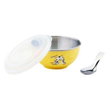 ZEBRA THAILAND 304不銹鋼兒童隔熱碗 圖案款 附湯匙 雙層隔熱設計  黃色  1組  附蓋兒童碗 + 湯匙