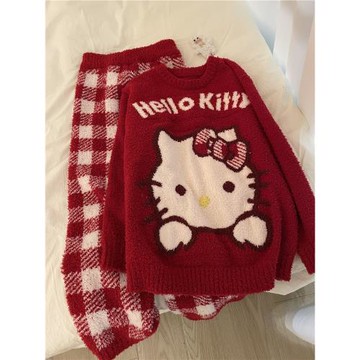 半邊絨睡衣女秋冬季可愛KT貓新年紅加厚保暖針織珊瑚絨家居服套裝