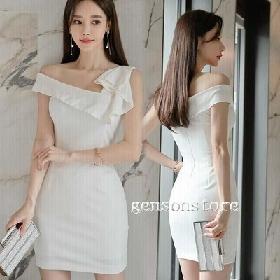 Slender 斜め襟 オフショルダー タイトワンピース フリル レディース ボディ ミニ丈 ドレス スレンダーライン 夏 フェミニン 通販 Lineポイント最大get Lineショッピング