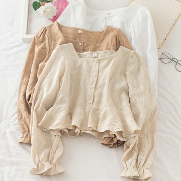 長袖襯衫女秋季新款方領短款上衣法式小眾泡泡袖荷葉邊襯衣潮ins