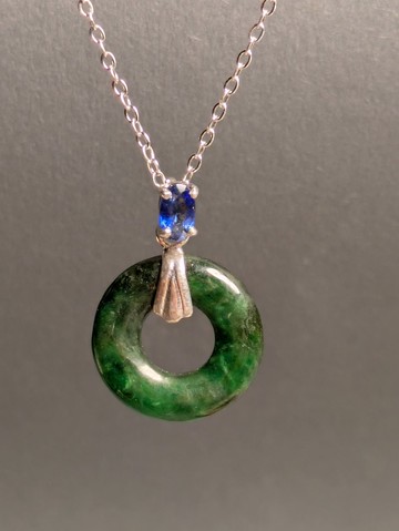 天然緬甸全綠平安扣翡翠 鑲天然藍寶石 銀配件 吊墜