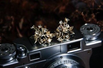 【老飾品/西洋老件】美國Coro藤蔓造型萊茵石古著旋轉夾式耳環