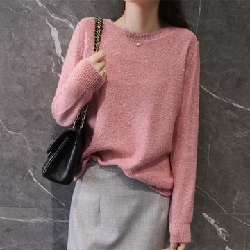 【現貨】甜美粉色套頭軟糯毛衣寬松慵懶風外穿亮片點綴氣質顯瘦針