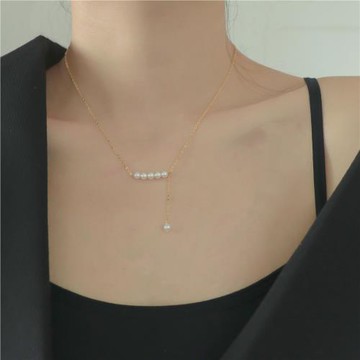 因缺斯汀S925純銀鍍14K金珍珠項鏈法式珍珠吊墜優雅復古鎖骨鏈