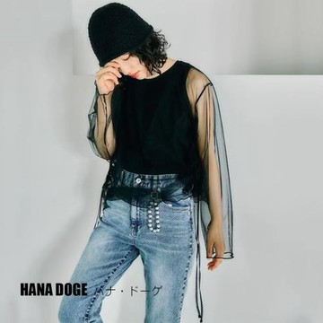 HANA DOGE ハナ・ドーゲ 日系簡約都會風造型假兩件拼接透膚網紗上衣