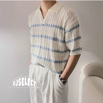 ［FJ select］ST044 韓系 麻花 淺藍條紋 針織 V領開襟 短T 短袖上衣 男生短袖  情侶 T恤