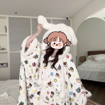 台灣出貨 秋冬睡袍女 睡袍女 珊瑚絨睡袍 保暖睡衣 蠟筆小新珊瑚絨斗篷睡衣女冬季新加絨加厚可愛寬鬆連帽中長款睡袍