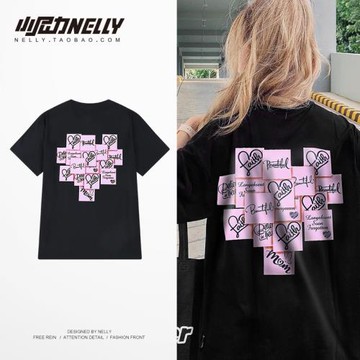 oversize愛心便利貼織標設計情侶裝純色T恤炸街短袖男女半袖中袖