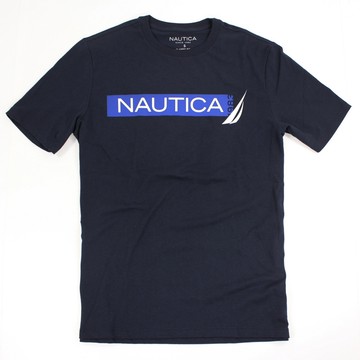 美國百分百【全新真品】Nautica T恤 帆船牌 T-SHIRT 上衣 休閒 短袖 圖案 運動 深藍色 S號 E124