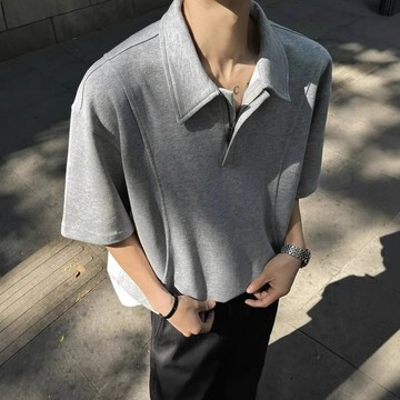 美式解構廓形polo領拉鏈短袖t恤男夏季百搭重磅半袖潮牌寬松中袖鑫弘-衣錦男裝