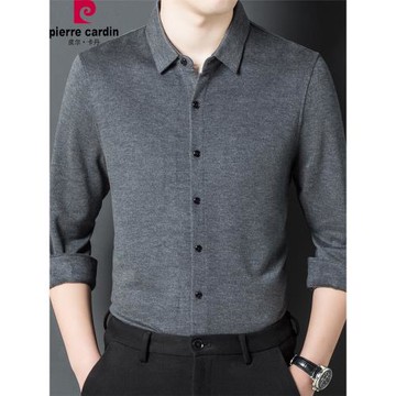皮爾卡丹100%山羊絨男士長袖襯衫秋冬加厚爸爸裝商務休閑羊毛襯衣