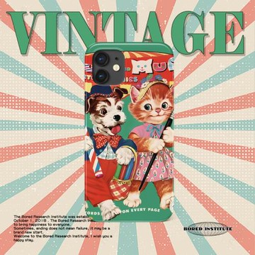 vintage小眾復古卡通貓咪小狗插畫千禧年雜志適用于蘋果IPhone11/12/13/14promax/15/16菲林手機殼軟殼全包潮